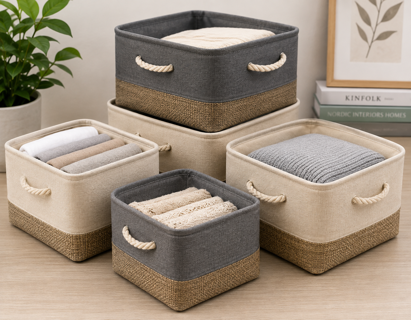 Neutral Fabric Storage Baskets on Tabletop