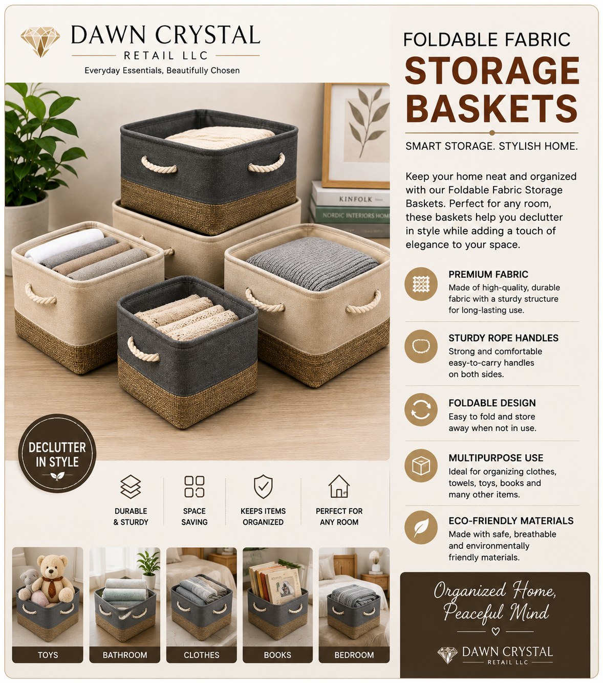Neutral Fabric Storage Baskets on Tabletop