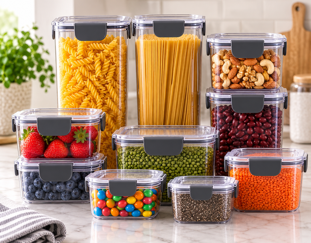 Organized Pantry Containers on Marble Countertop