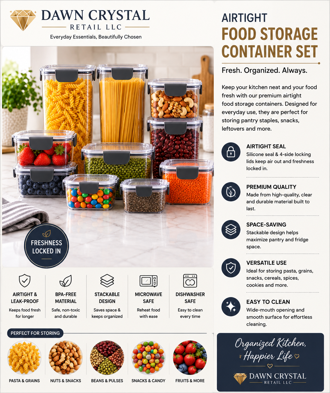 Organized Pantry Containers on Marble Countertop