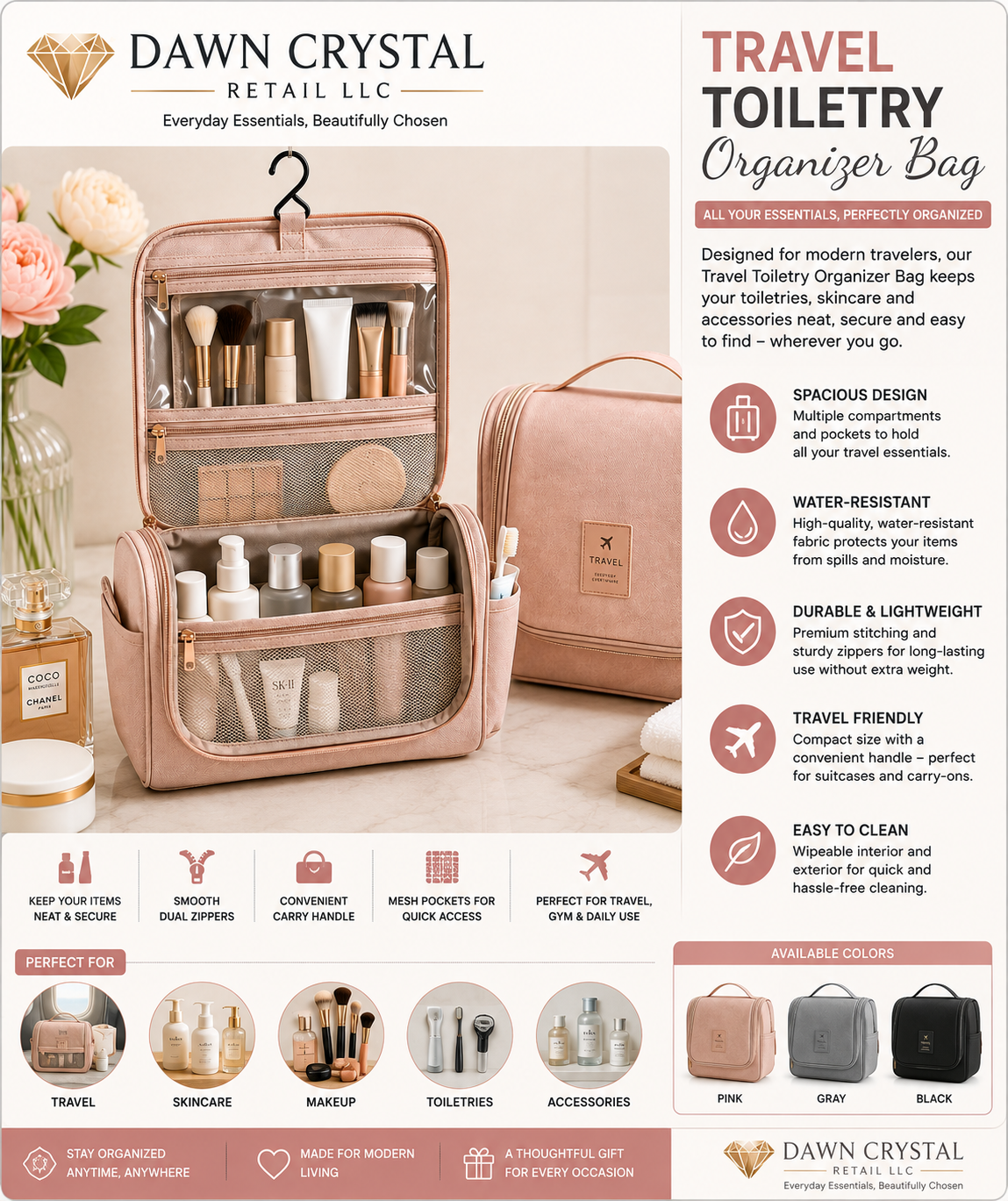 Blush Travel Toiletry Organizer Vanity